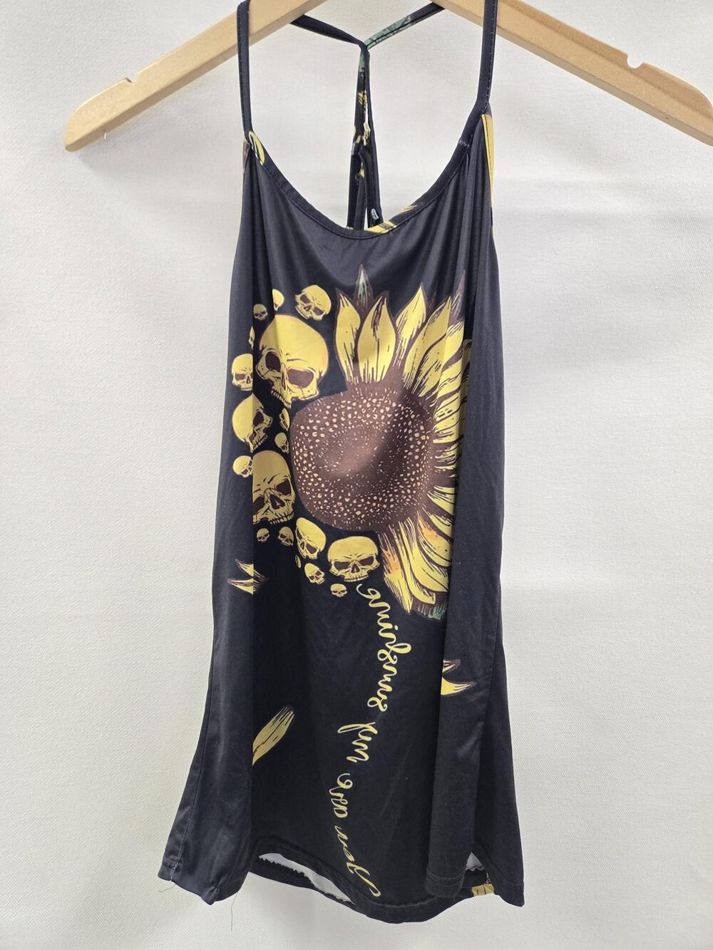 Sunflower Skull Shirt Womens Medium Black Strappy Racerback Tank Graphic Gothic